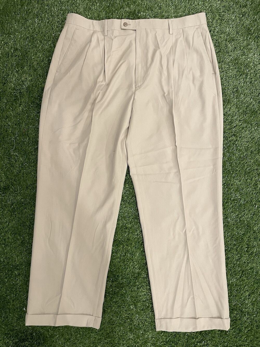 Michael Kors Dress Pants Mens 42x30 Beige Khaki Pleated Cuffed Poly Slacks Dress